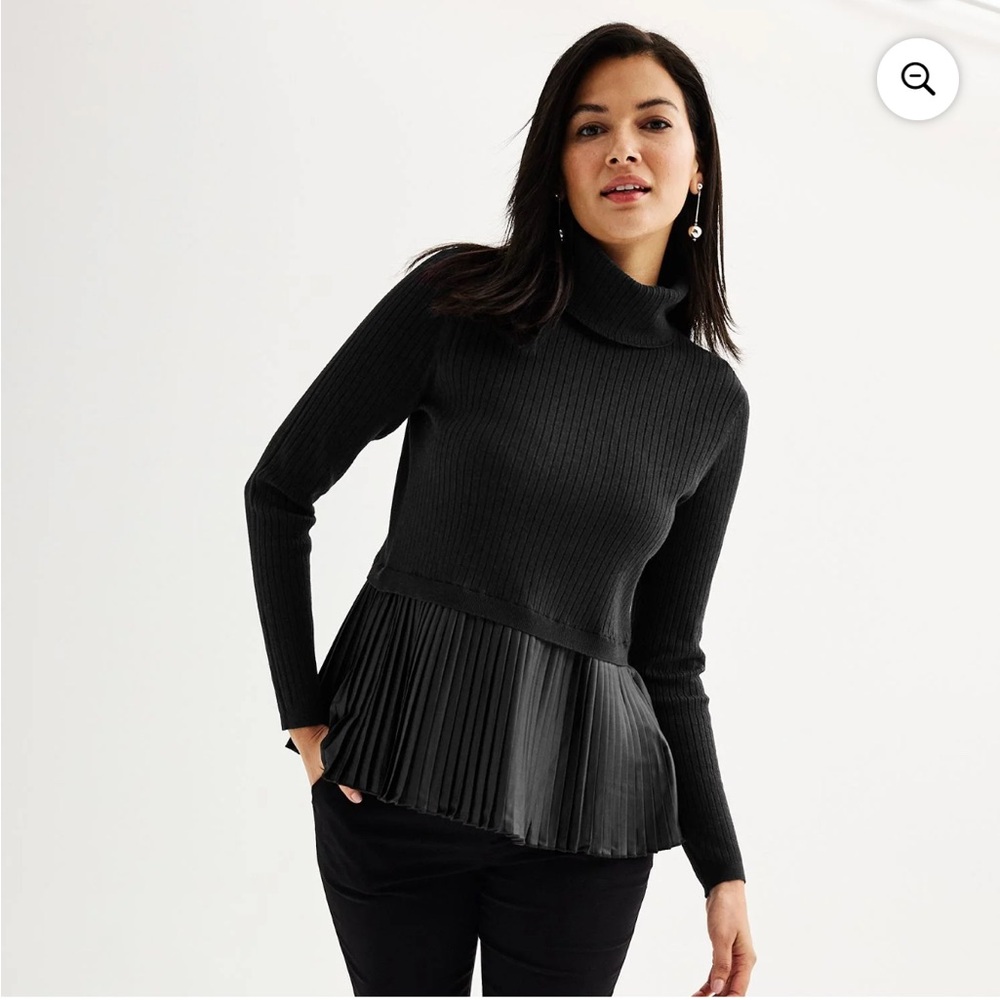 Nine West Turtleneck Sweater with Pleated Hem Color: Mineral Black Size: XL